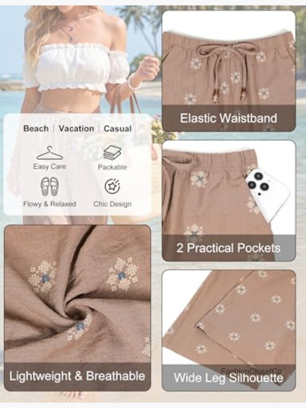 Wide Leg Palazzo Pants with Beaded Drawstring and Pockets - Picture 5 of 7